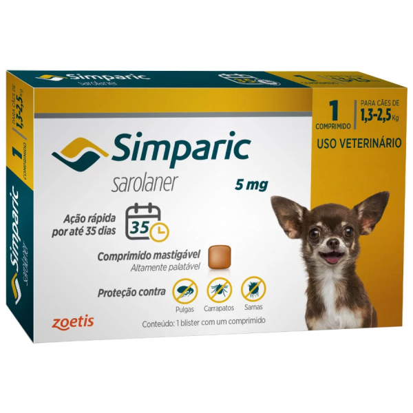 Antipulgas Simparic 5mg Para Cães 1,3 a 2,5kg 1 comprimido