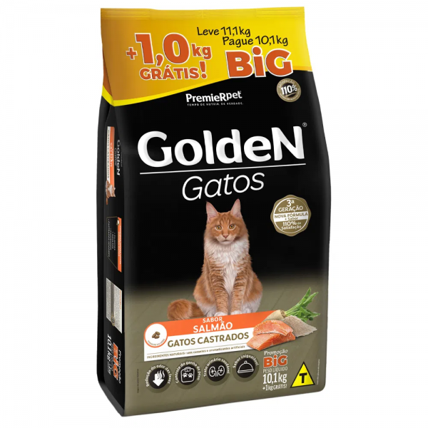 Ração Golden Gatos Castrados Salmão 10,1kg + 1kg Grátis