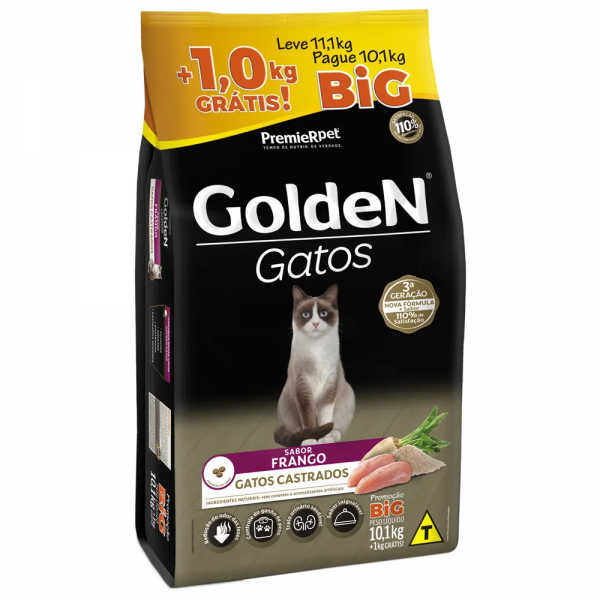 Ração Golden Gatos Castrados Frango 10,1kg + 1kg Grátis