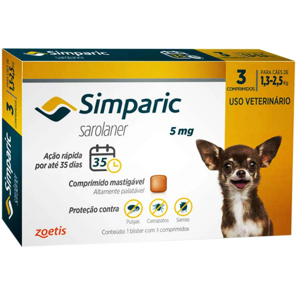 Antipulgas Simparic 5mg Para Cães 1,3 a 2,5kg 3 comprimidos