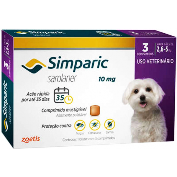Antipulgas Simparic 10mg Para Cães 2,6 a 5kg 3 comprimidos