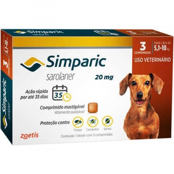Antipulgas Simparic 5 a 10kg Cães 20mg 3 comprimidos