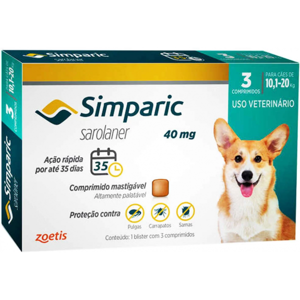 Antipulgas Simparic 10 a 20kg Cães 40mg 3 comprimidos