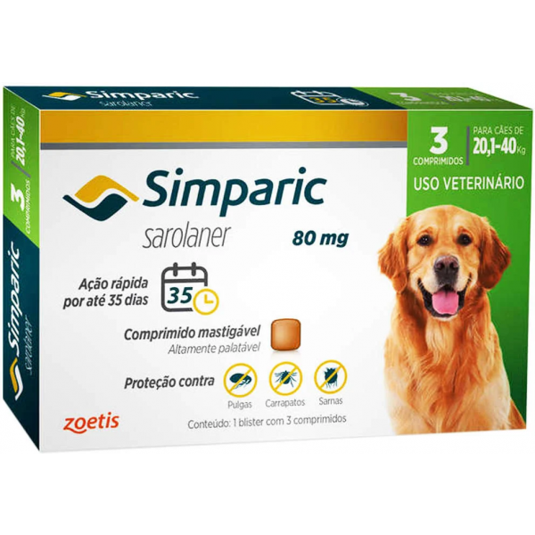 Antipulgas Simparic 20 a 40kg Cães 80mg 3 comprimidos