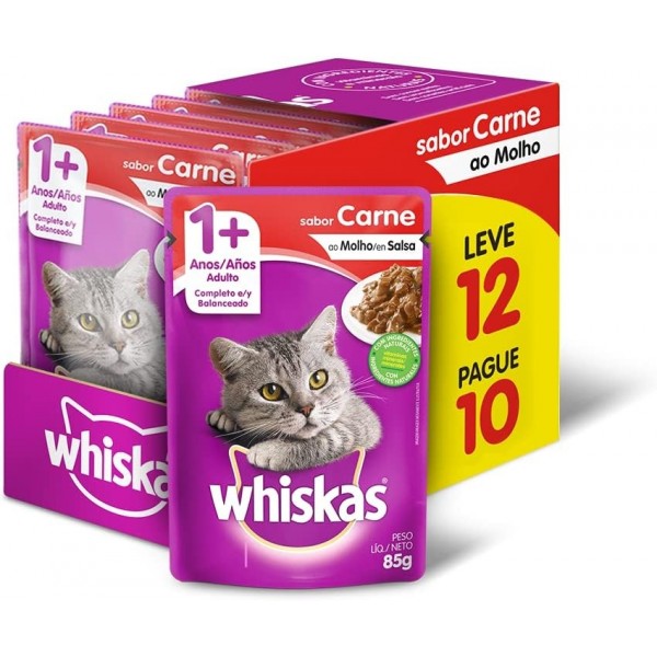 Ração Úmida Whiskas Sachê Carne ao Molho para Gatos Adultos - Leve 12 Pague 10