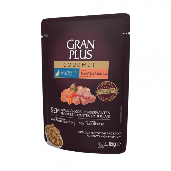 Ração Úmida GranPlus Gourmet Gatos Castrados Salmão e Frango 85 g