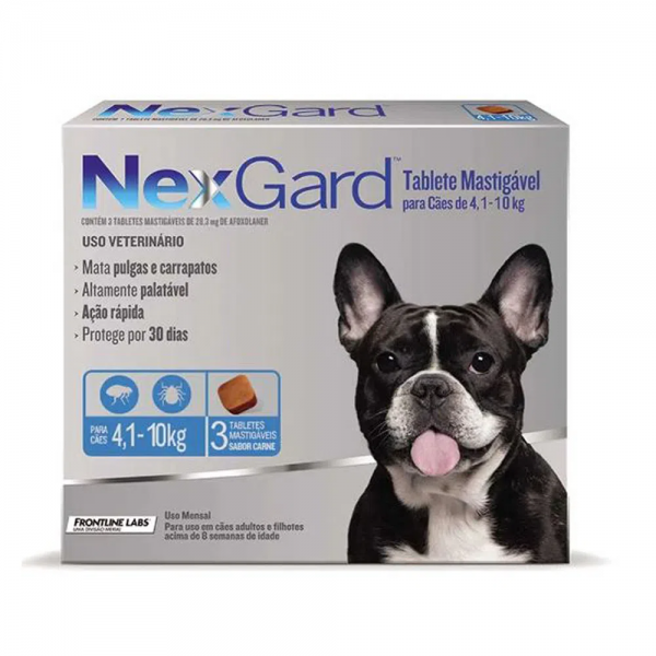 NexGard Antipulgas e Carrapatos de 4,1 a 10kg para Cães 3 tabletes