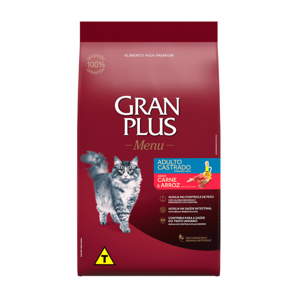 Ração GranPlus Menu Gatos Adultos Castrados Carne e Arroz 3 kg