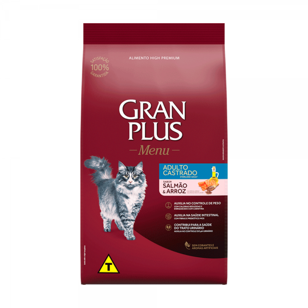 Ração GranPlus Menu Gatos Adultos Castrados Salmão e Arroz 3 kg