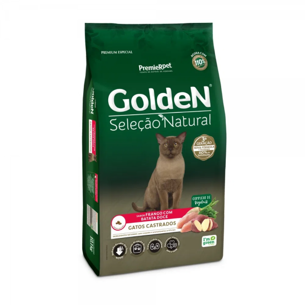 Ração Golden Seleção Natural Gatos Castrados Frango com Batata Doce 3 kg