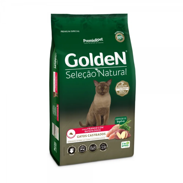 Ração Golden Seleção Natural Gatos Castrados Frango com Batata Doce 10,1 kg