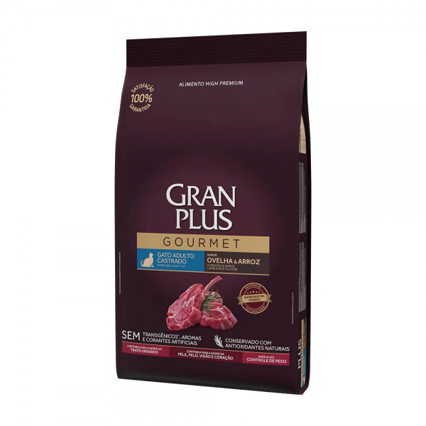 Ração GranPlus Gourmet Gatos Adultos Castrados Ovelha e Arroz 10,1kg pac. indiv de 1kg