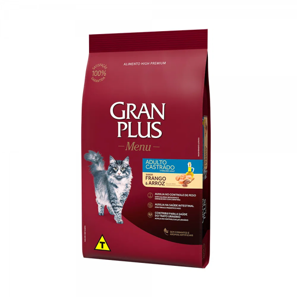 Ração GranPlus Menu Gatos Adultos Castrados Frango e Arroz 3 kg