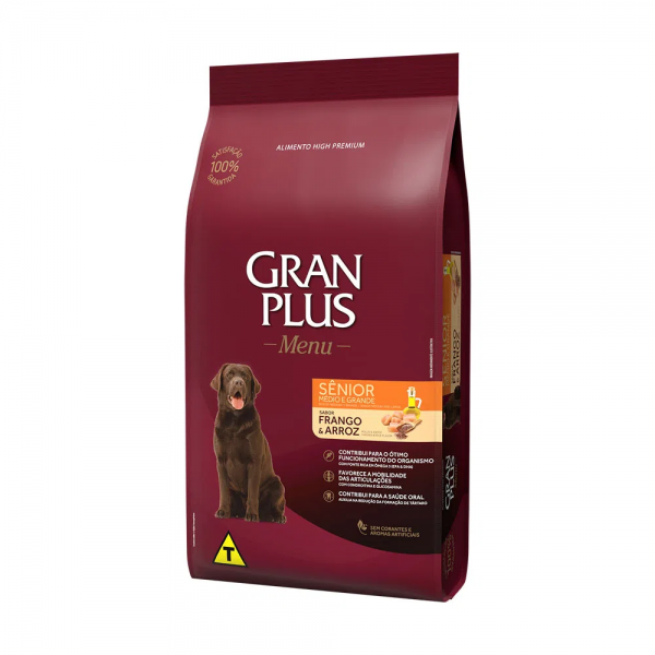 Ração GranPlus Menu Cães Sênior Portes Médio e Grande Frango e Arroz 15 kg