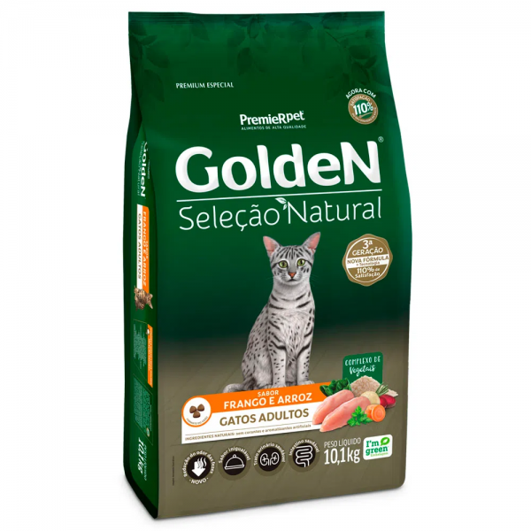 Ração Golden Seleção Natural Gatos Adultos Frango e Arroz 10,1 kg