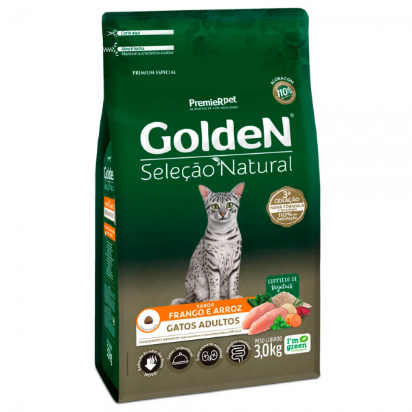 Ração Golden Seleção Natural Gatos Adultos Frango e Arroz 3 kg