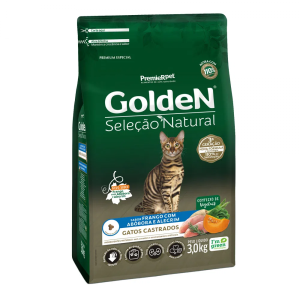 Ração Golden Seleção Natural Gatos Castrados Frango com Abóbora e Alecrim 3kg