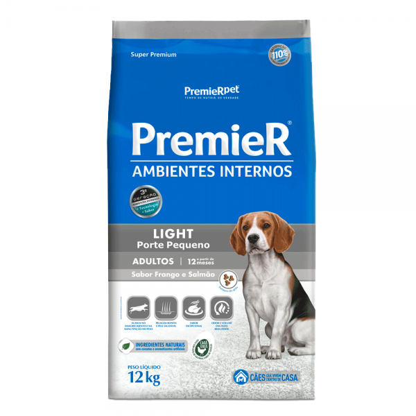 Ração Premier Ambientes Internos Light Cães Adultos Frango e Salmão 12 kg