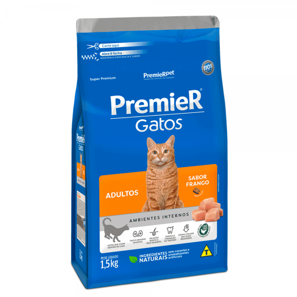 Ração Premier Gato Adultos Ambientes Internos Frango 1,5kg