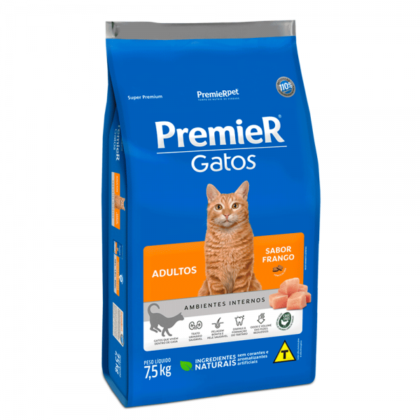 Ração Premier Gato Adultos Ambientes Internos Frango 7,5kg