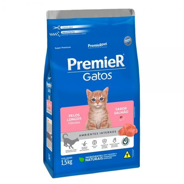 Ração Premier Ambientes Internos Gatos Filhotes Pelos Longos Salmão 1,5 kg