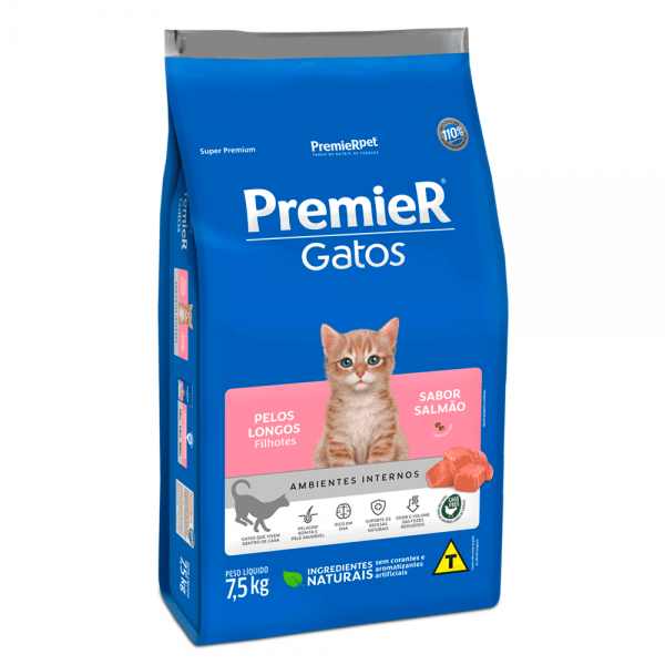 Ração Premier Ambientes Internos Gatos Filhotes Pelos Longos Salmão 7,5 kg