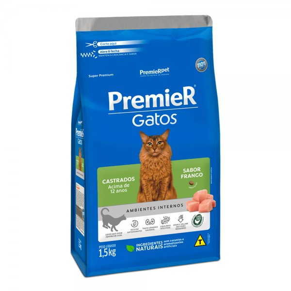 Ração Premier Gatos Adultos Castrados +12 anos Ambientes Internos 1,5kg