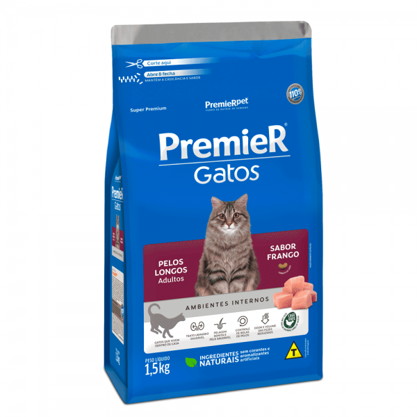 Ração Premier Ambientes Internos Gatos Adultos Pelos Longos Frango 1,5 kg