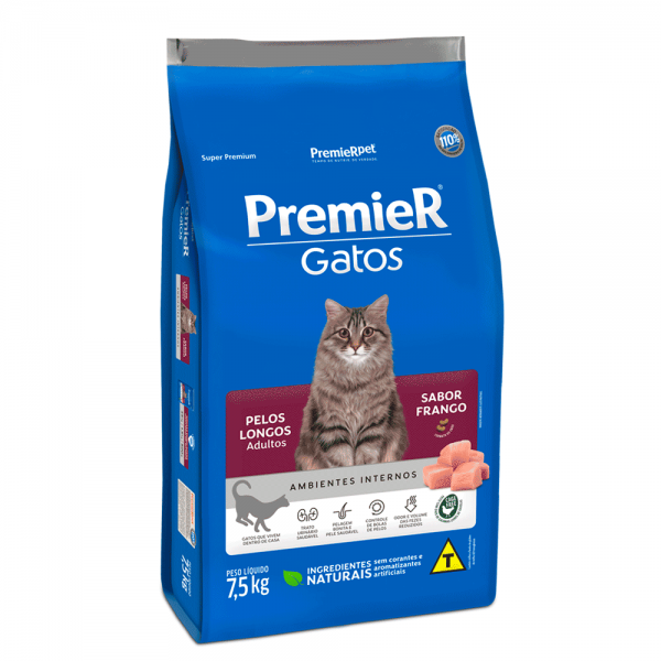 Ração Premier Ambientes Internos Gatos Adultos Pelos Longos Frango 7,5 kg