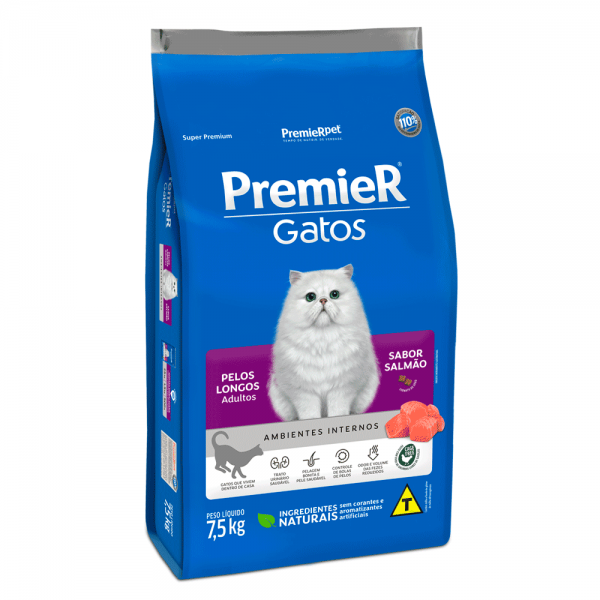 Ração Premier Gatos Adultos Pelos Longos Ambientes Internos Salmão 7,5 kg