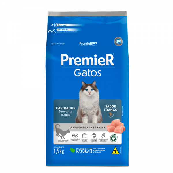 Ração Premier Ambientes Internos Gatos Castrados 6 Meses a 6 Anos Frango 1,5kg