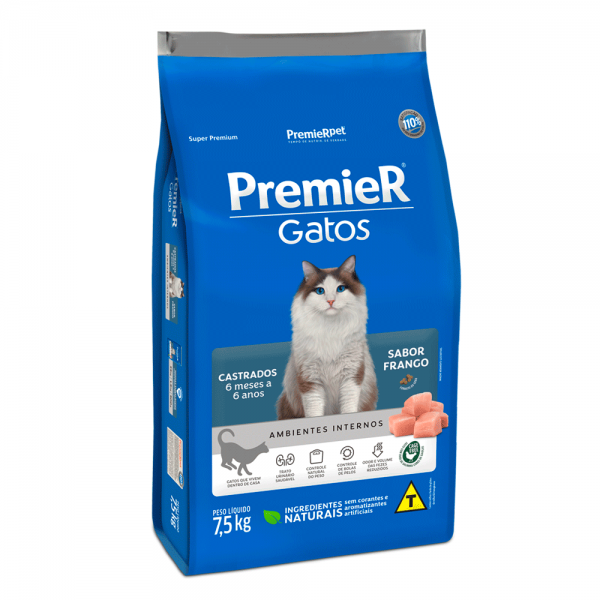 Ração Premier Ambientes Internos Gatos Castrados 6 Meses a 6 Anos Frango 7,5kg