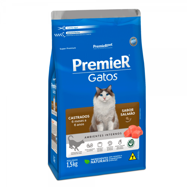 Ração Premier Ambientes Internos Gatos Castrados 6 Meses a 6 Anos Salmão 1,5 kg