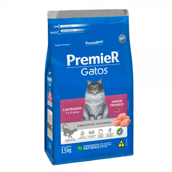 Ração Premier Ambientes Internos Gatos Castrados 7 a 11 Anos Frango 1,5kg