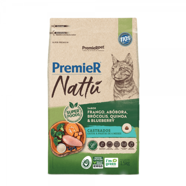 Ração Premier Nattu Gatos Adultos Castrados Abóbora 1,5 kg