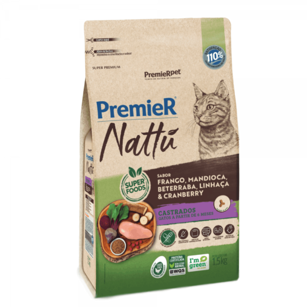 Ração Premier Nattu Gatos Adultos Castrados Mandioca 1,5 kg