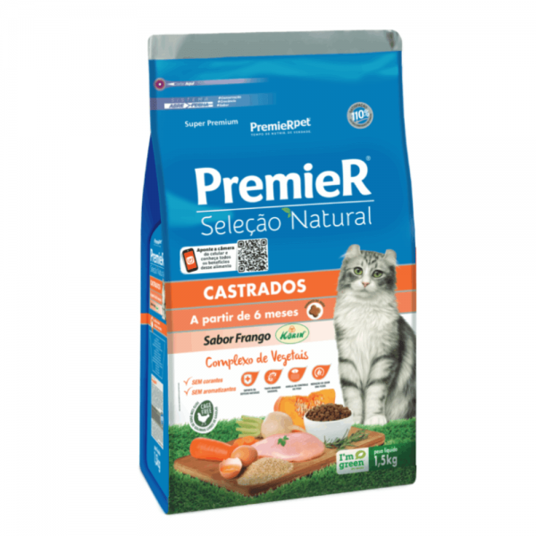 Ração Premier Seleção Natural Gatos Castrados Frango Korin 1,5 kg