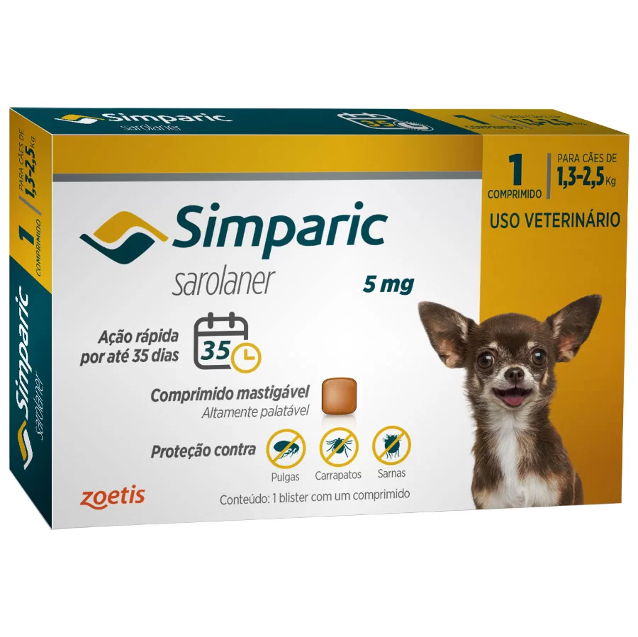 Antipulgas Simparic 5mg Para Cães 1,3 a 2,5kg 1 comprimido