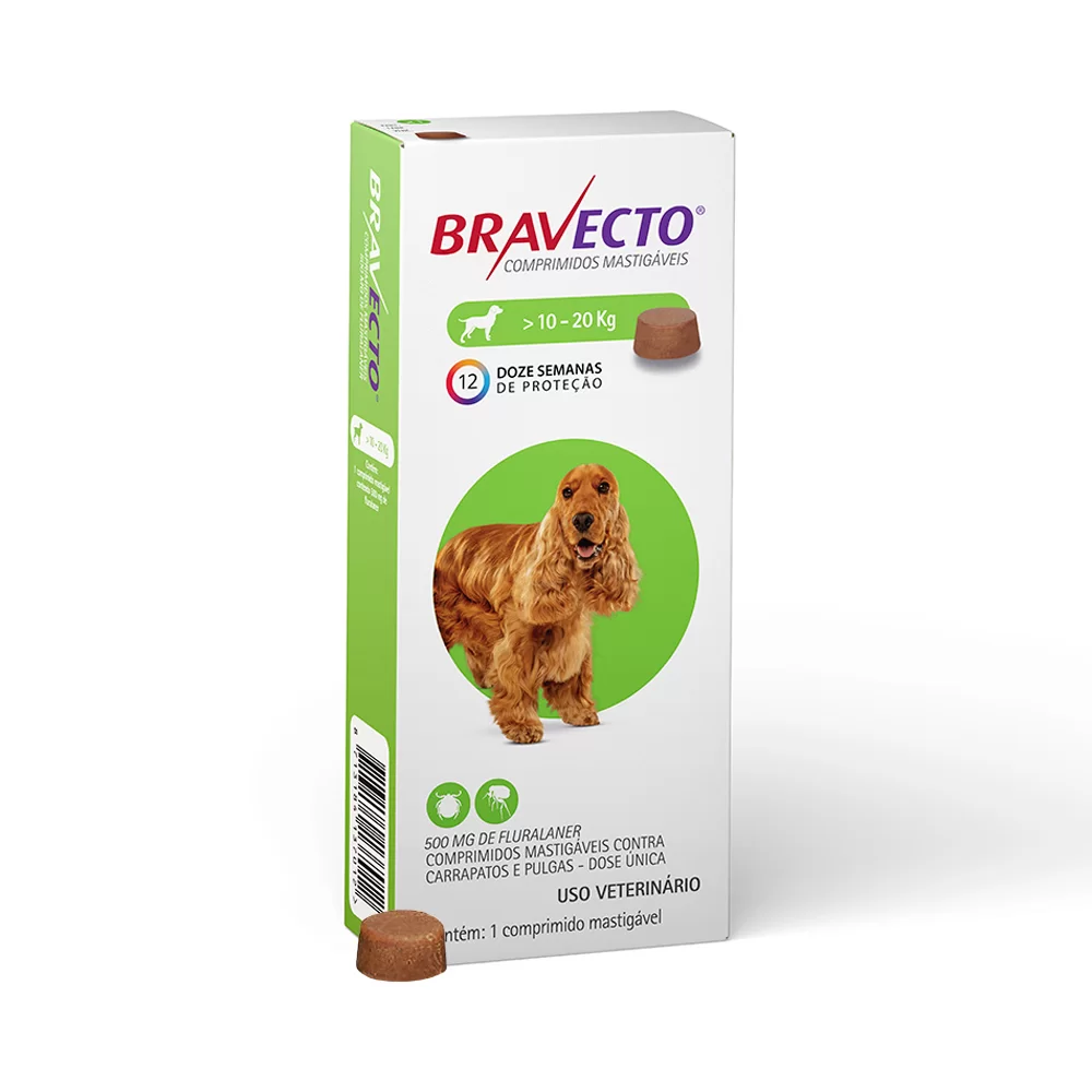 Antipulgas e Carrapatos Bravecto 10 kg a 20 kg Cães 500mg 1 comprimido