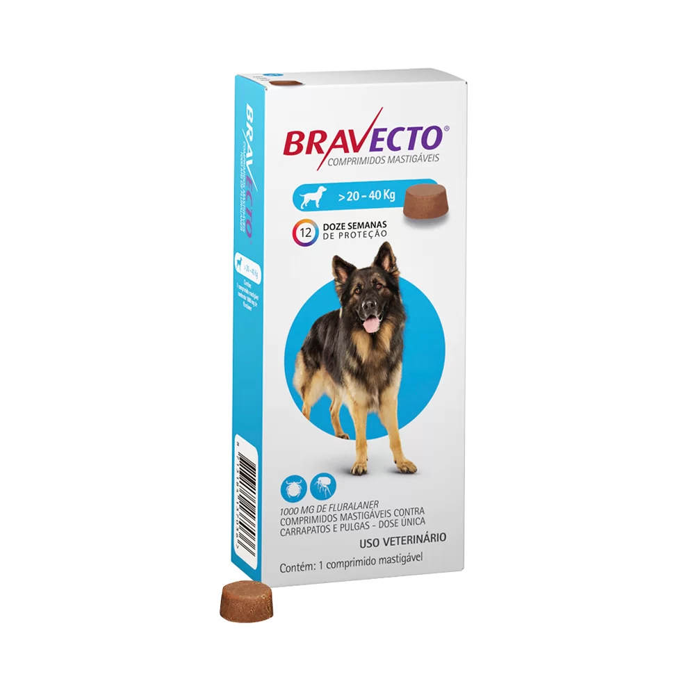 Antipulgas e Carrapatos Bravecto 20 a 40 kg Cães 1000mg 1 comprimido