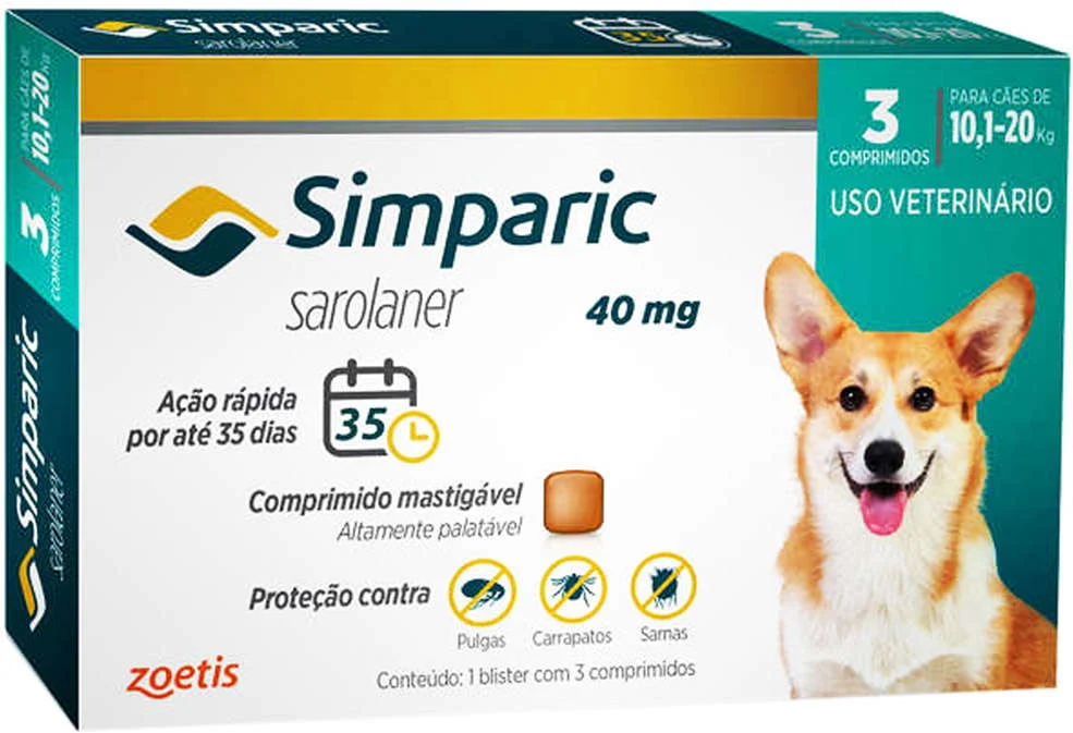 Antipulgas Simparic 10 a 20kg Cães 40mg 3 comprimidos