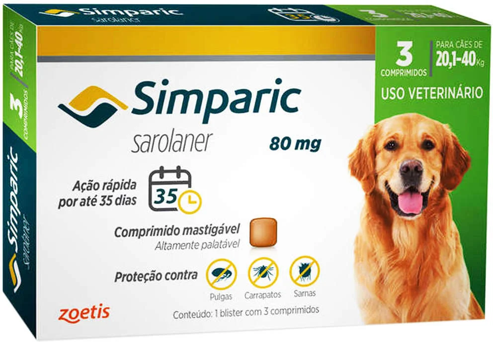 Antipulgas Simparic 20 a 40kg Cães 80mg 3 comprimidos