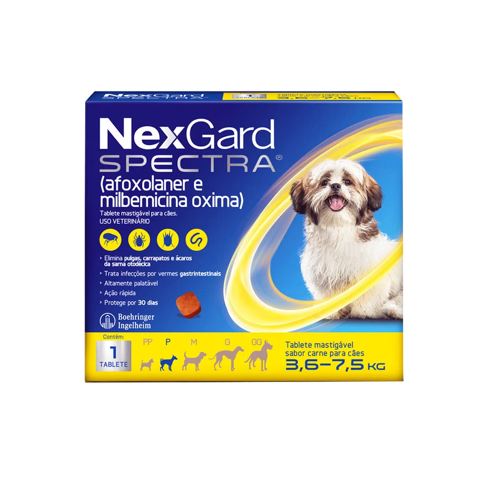 NexGard Spectra Antipulgas e Vermífugo Cães 3,6kg a 7,5kg 1 tablete