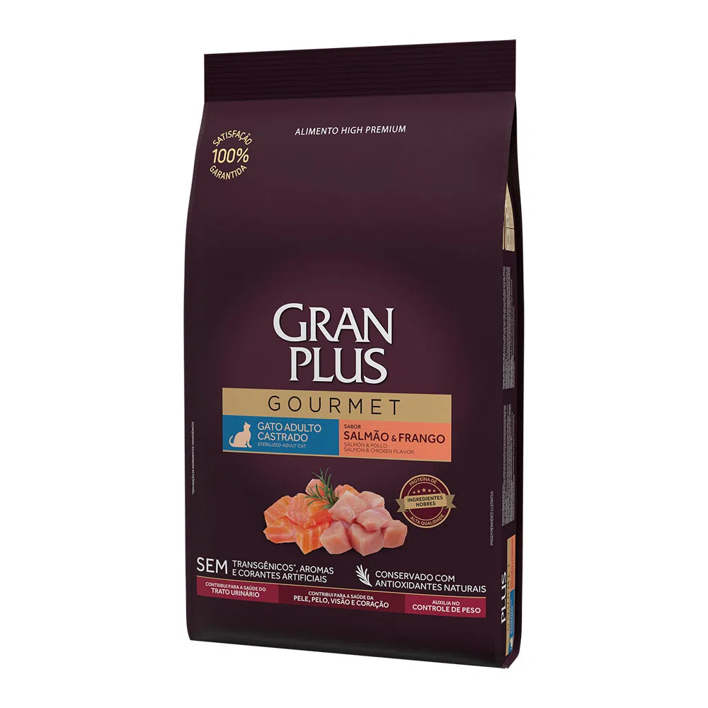 Ração GranPlus Gourmet Gatos Adultos Castrados Salmão e Frango 1 kg