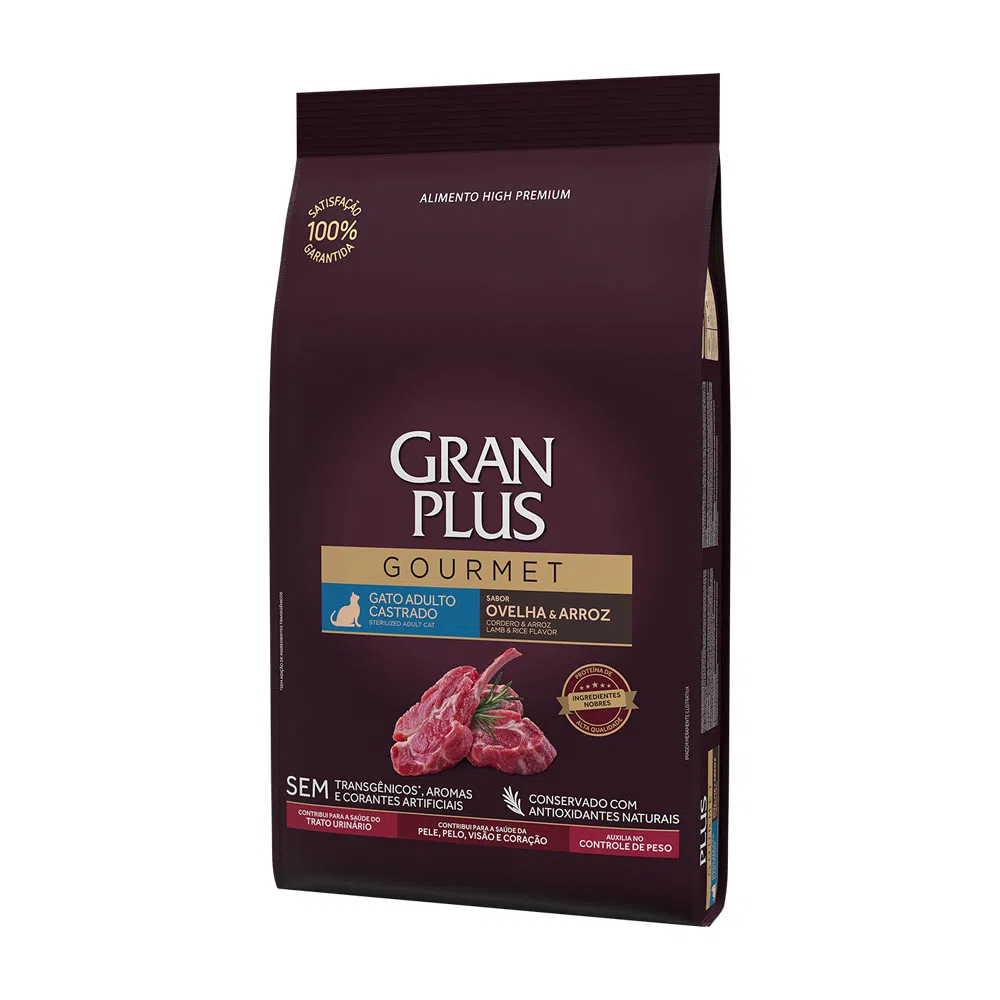 Ração GranPlus Gourmet Gatos Adultos Castrados Ovelha e Arroz 10,1kg pac. indiv de 1kg