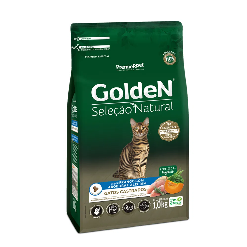 Ração Golden Seleção Natural Gatos Castrados Frango com Abóbora e Alecrim 1kg