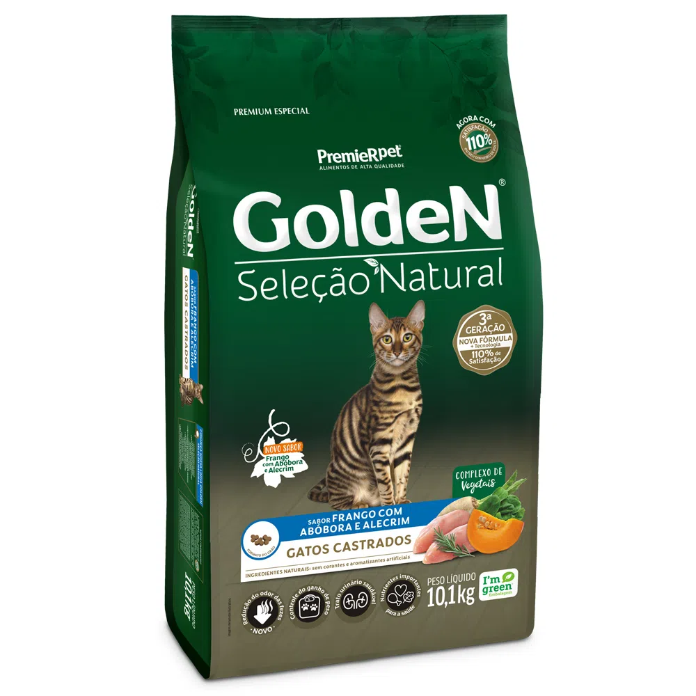 Ração Golden Seleção Natural Gatos Castrados Frango com Abóbora e Alecrim 10,1kg