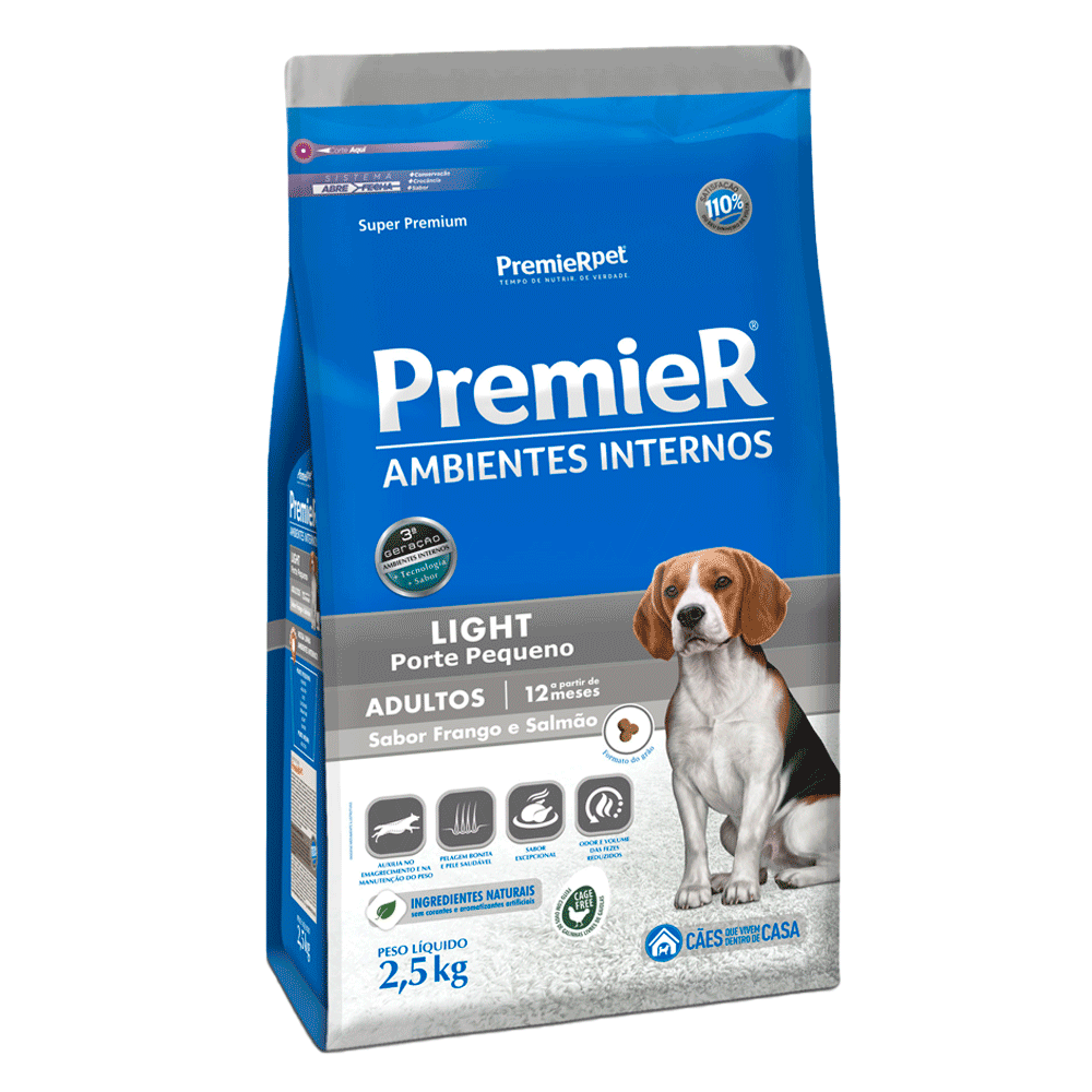 Ração Premier Ambientes Internos Light Cães Adultos Frango e Salmão 2,5 kg