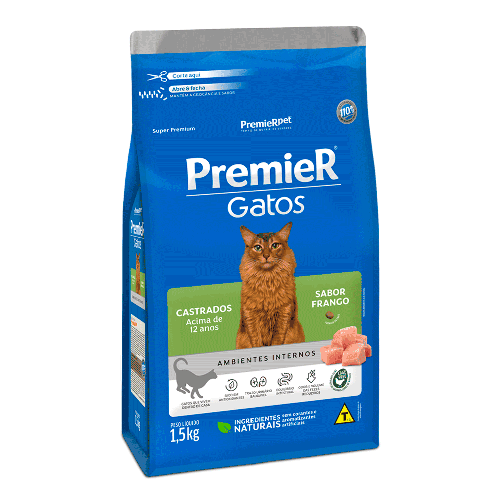 Ração Premier Gatos Adultos Castrados +12 anos Ambientes Internos 1,5kg