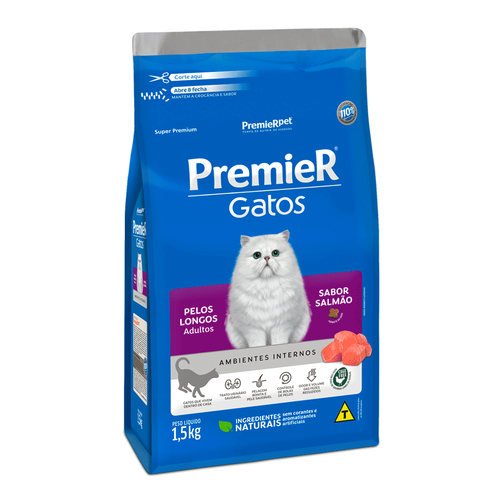 Ração Premier Gatos Adultos Pelos Longos Ambientes Internos Salmão 1,5 kg